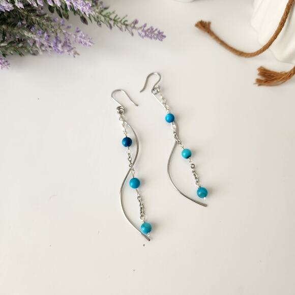 Blue Seashell Beads Long Wire Earrings / Stainless Steel Curved Wire Earrings - Picture 8 of 8